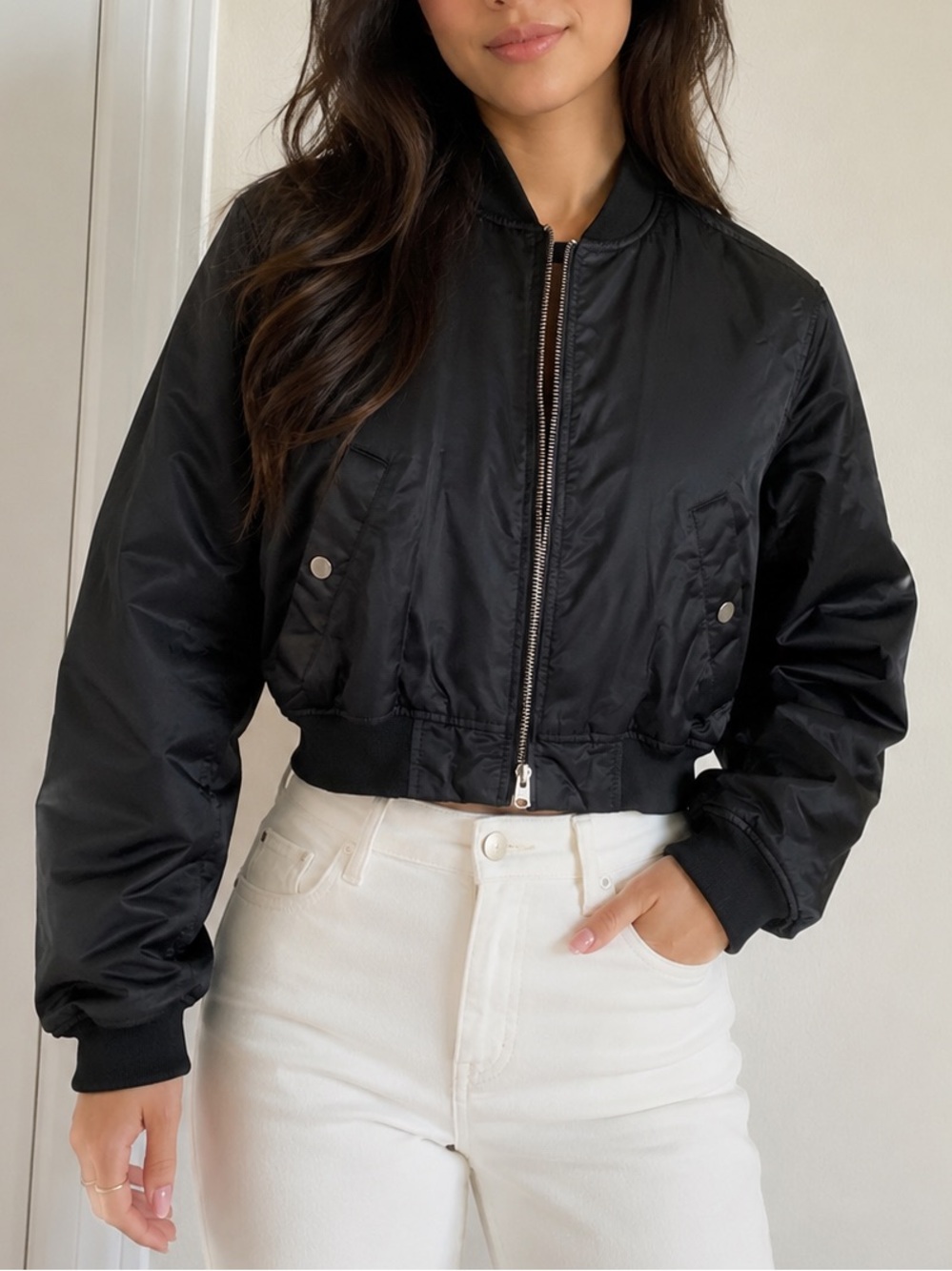 Abercrombie & Fitch Classic Black Cropped Bomber Jacket - Women